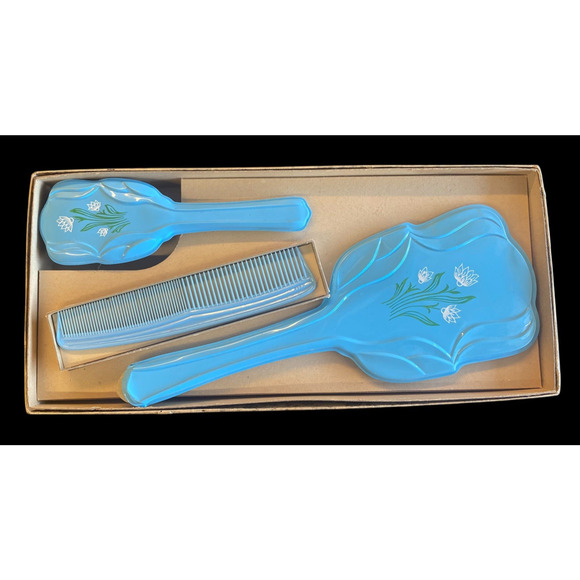 Other - Vintage Vanity Set Hairbrush Brush Comb Mirror Blue Floral 1950s Childrens Girls